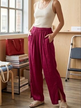 Wide-Leg Elastic Waist Pants in Berry